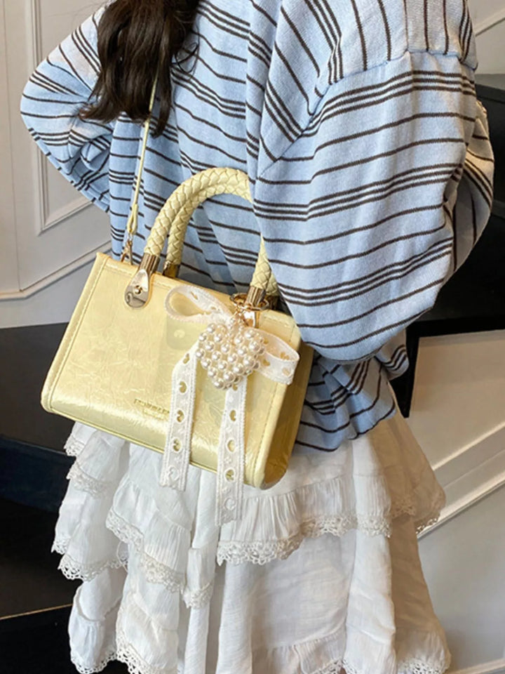Braided Handle Pearl Decor Crossbody Bag