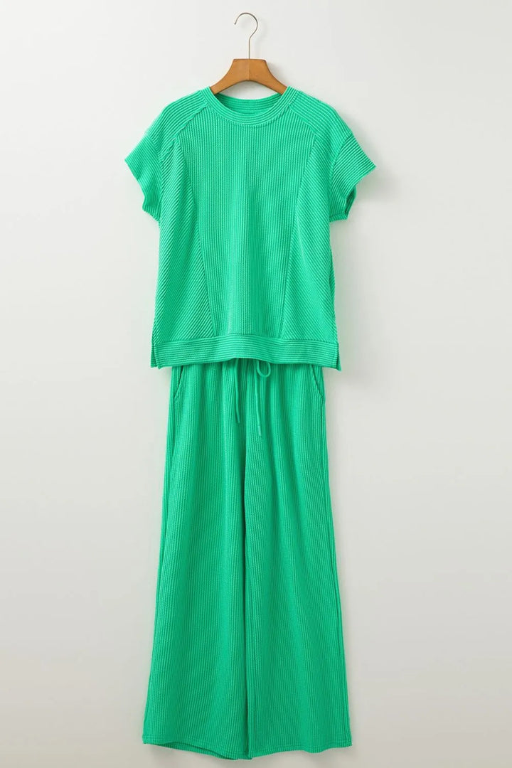 Ribbed Knit Round Neck Top and Pants Casual Set