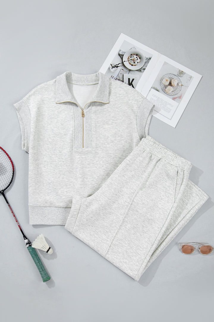 Light Grey Half Zip Polo Tee Loose Pants Plus Size 2pcs Outfit