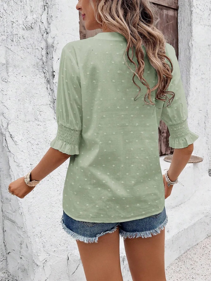 Eyelet Notched Flounce Sleeve Blouse