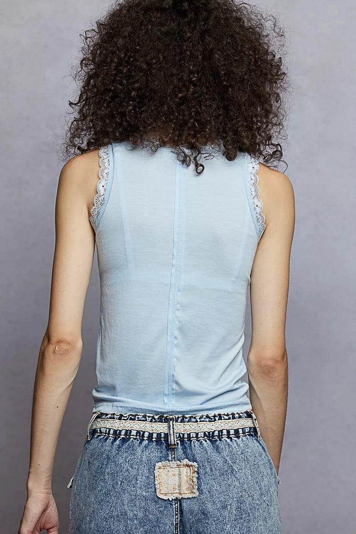 POL Round Neck Cropped Tank with Lace Trim