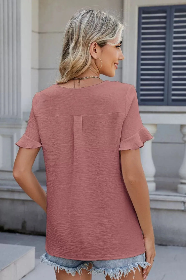 Ruffled V-Neck Short Sleeve Blouse