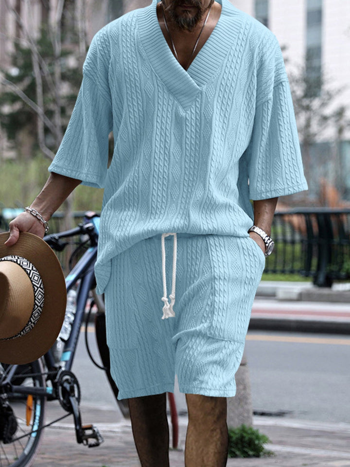 Men's Full Size Casual Knit V-Neck Short Sleeve Top and Shorts Set Plus Size