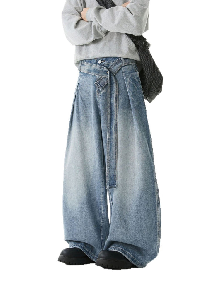 Men's Full Size Wash Belted Wide Leg Jeans Plus Size