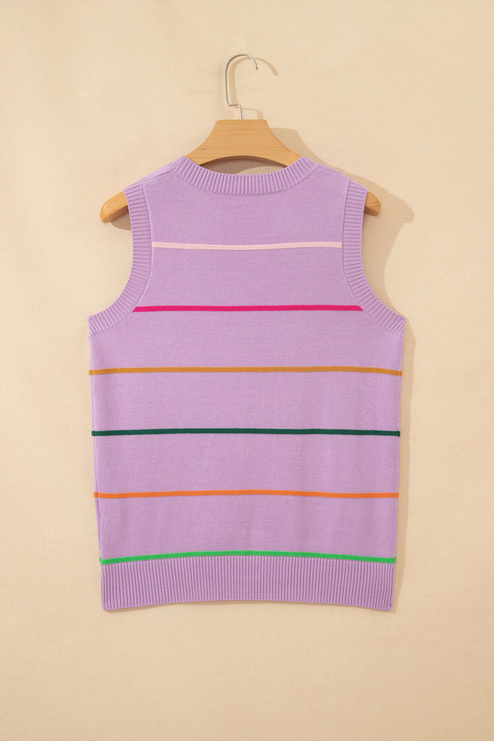 Purple Stripe Round Neck Knitted Sweater Tank