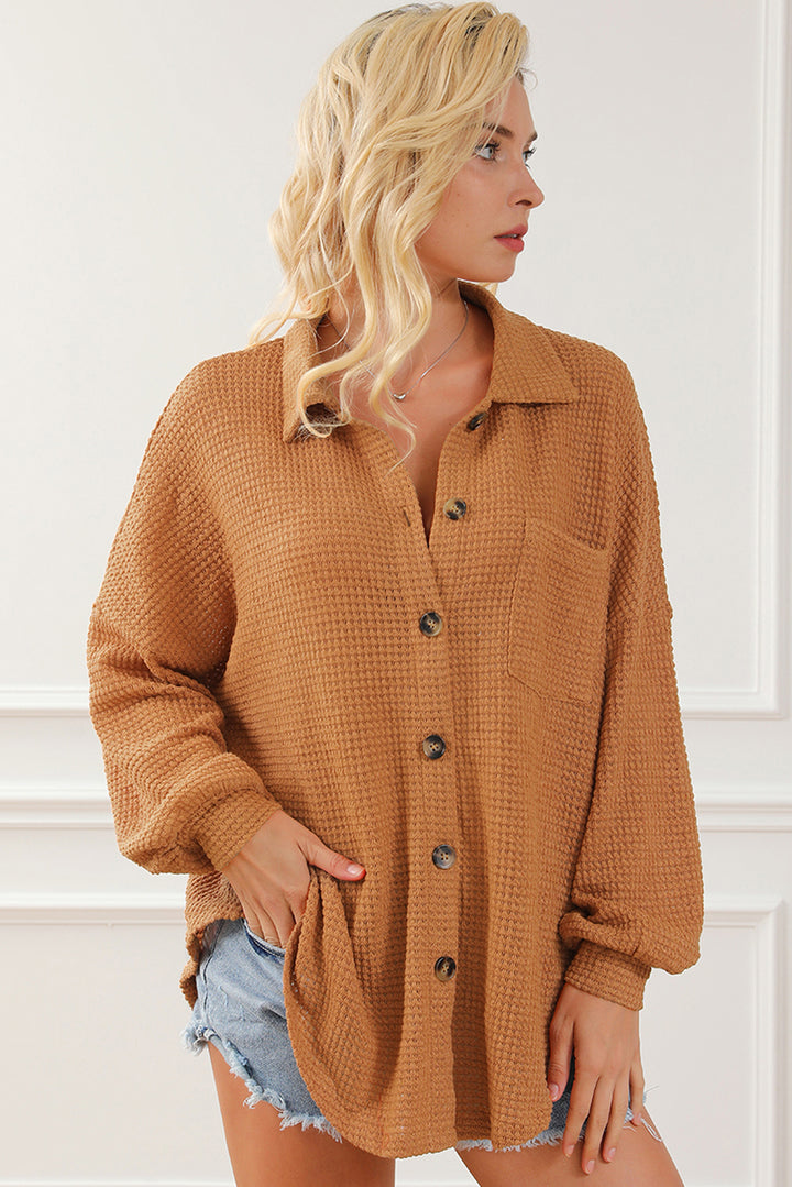 Chemise boutonnée décontractée en tricot gaufré marron