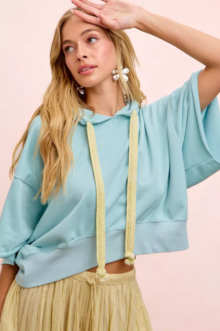 BiBi Washed Terry Short Sleeve Drawstring Hoodie Top