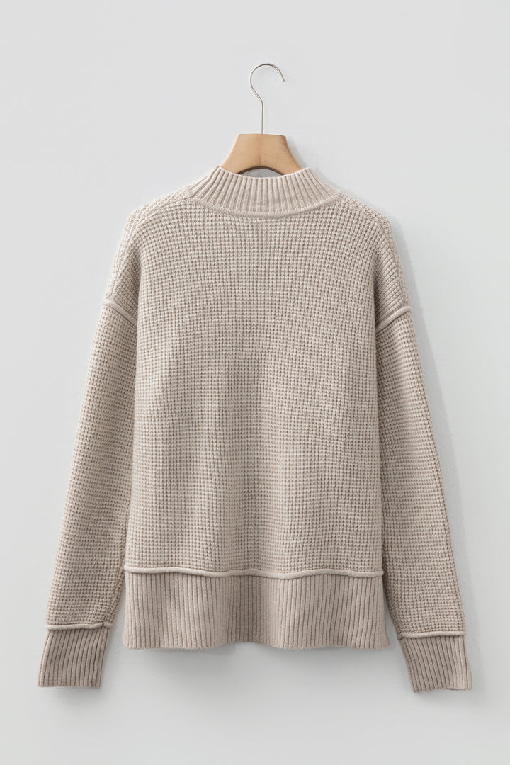 Gray Morn Waffle Texture Knit Ribbed High Neck Drop Shoulder Sweater