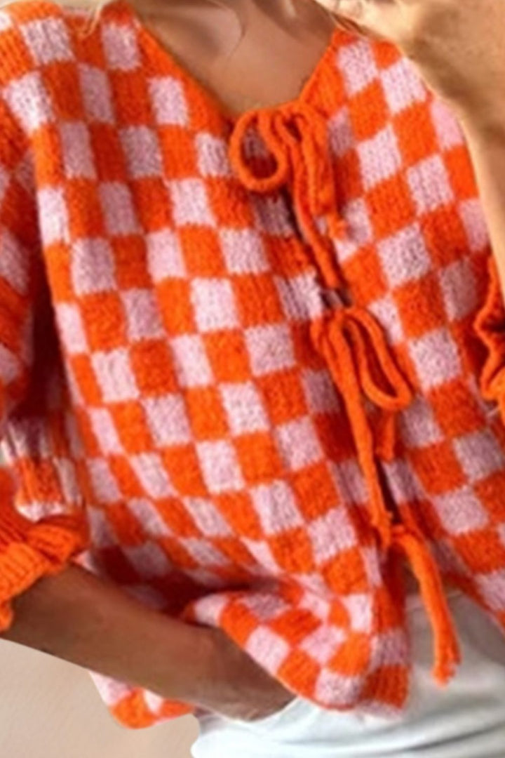 Back To School Sweater - Double Take Tied Checkered Dropped Shoulder Flounce Sleeve Cardigan