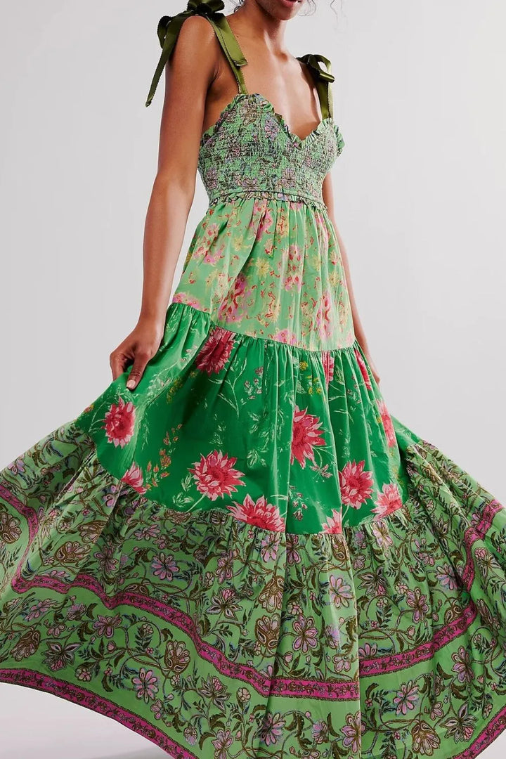 Floral Tiered Maxi Dress with Mixed Print Design