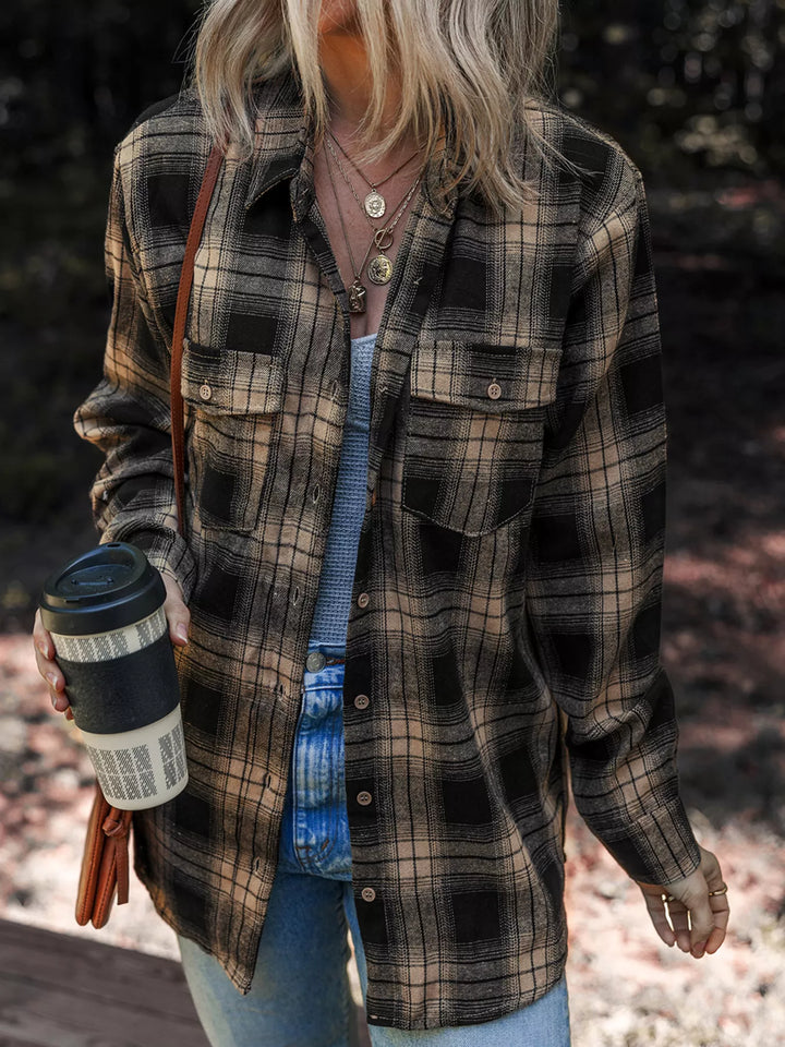 Plaid Double Flap Pocket Brushed Shacket