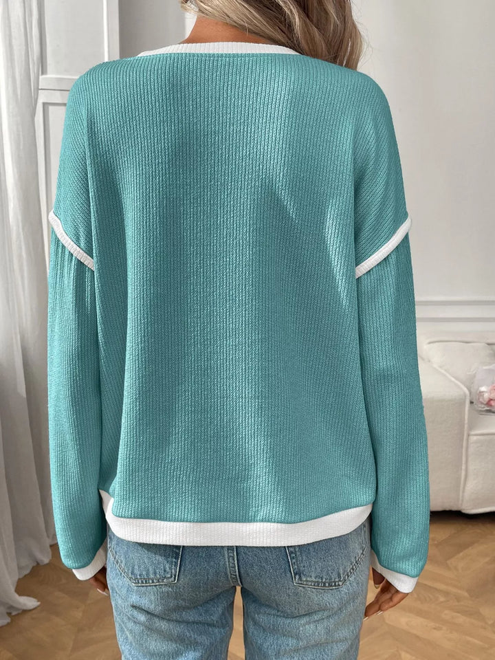 Ribbed Knit Contrast Trim Sweater