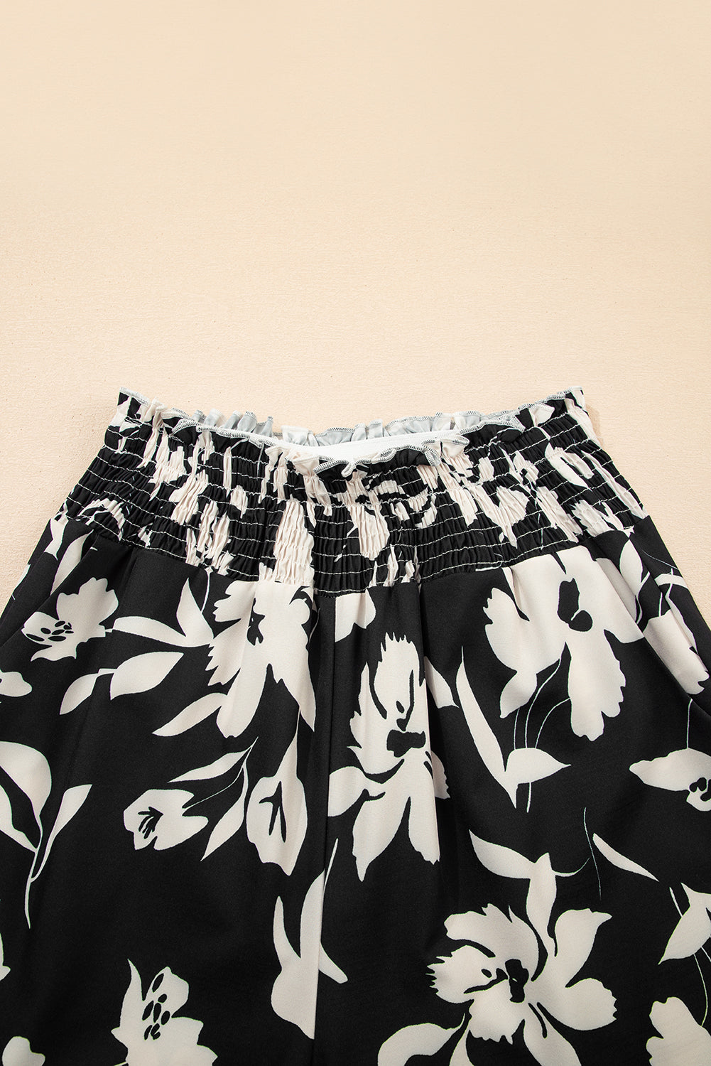 Black Floral Print Smocked High Waist Wide Leg Pants