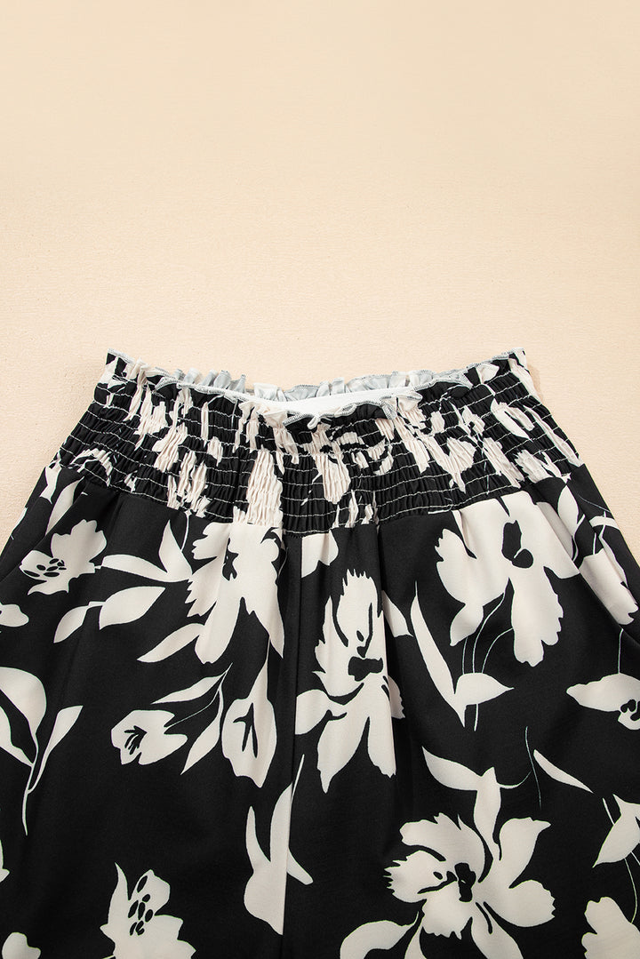 Black Floral Print Smocked High Waist Wide Leg Pants