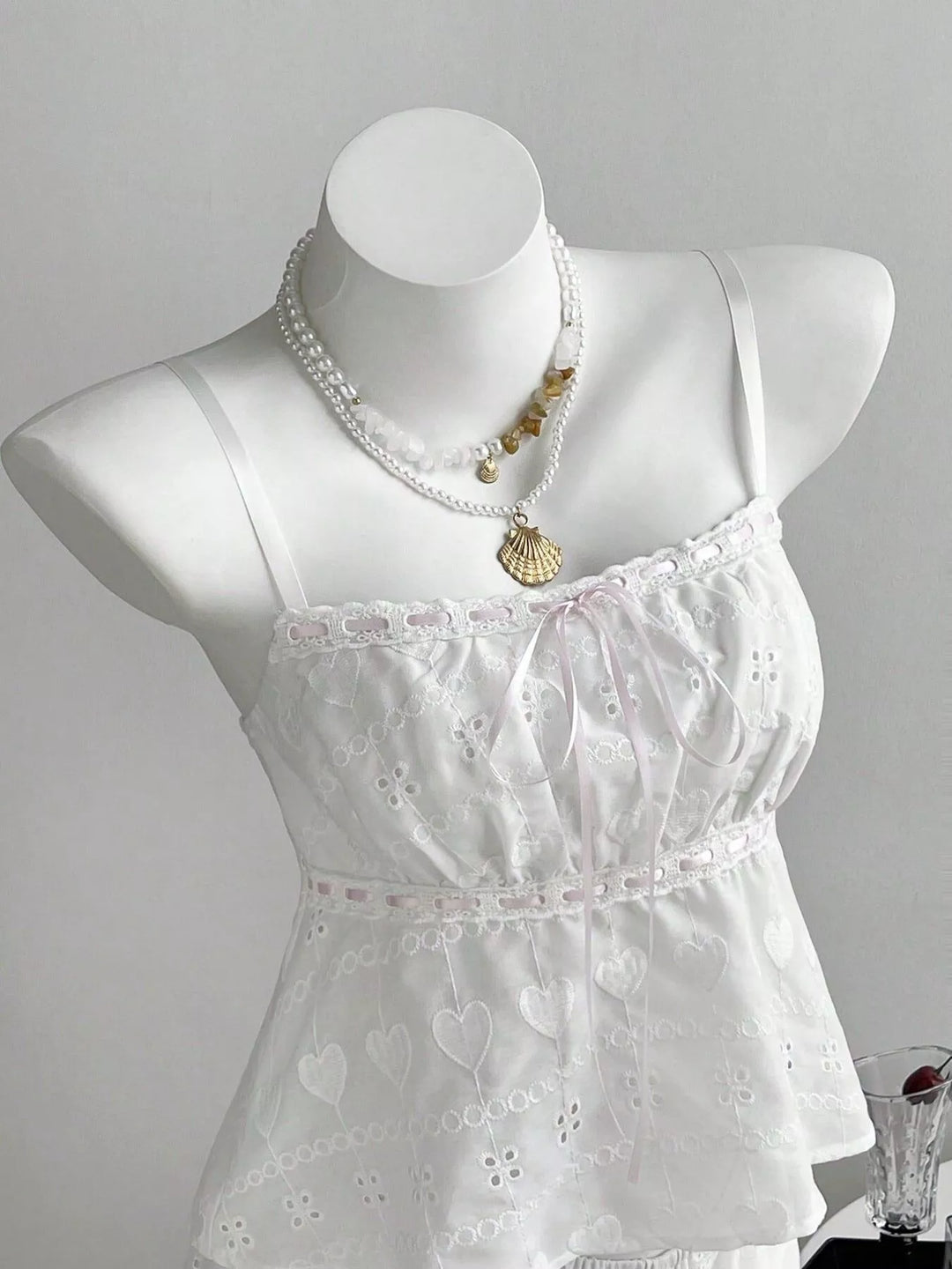 Lace Detail Eyelet Cami and Shorts Set