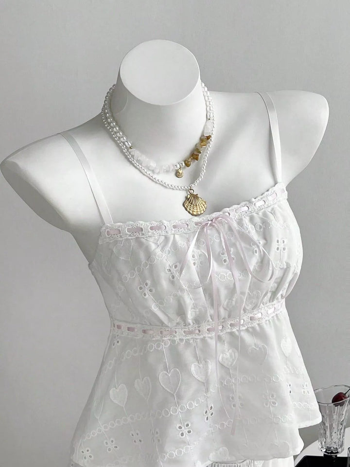 Lace Detail Eyelet Cami and Shorts Set