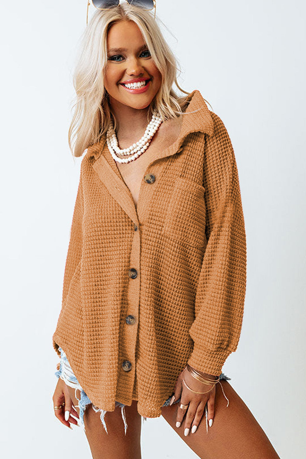Chemise boutonnée décontractée en tricot gaufré marron