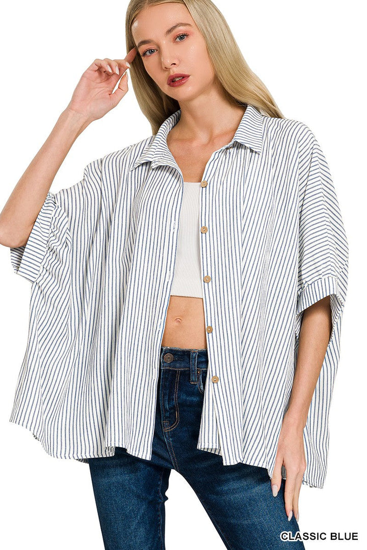 Zenana Woven Stripe Button Down Boxy Shirt