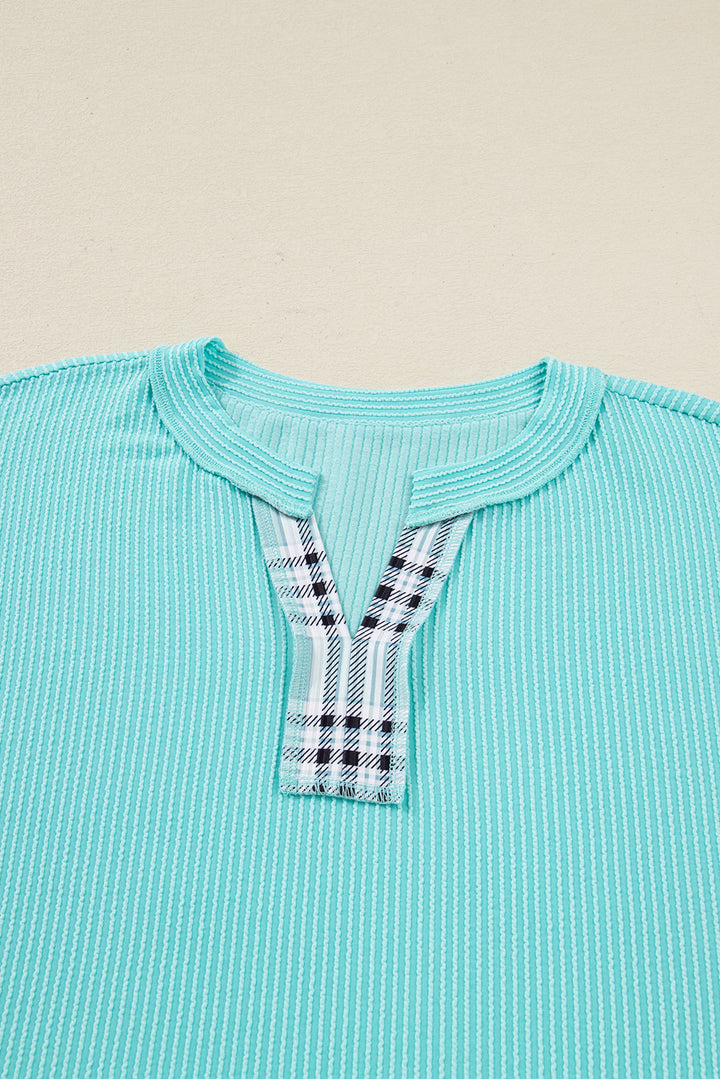 Twist Ribbed Color Block Plaid Patchwork Plus Size Long Sleeve Top