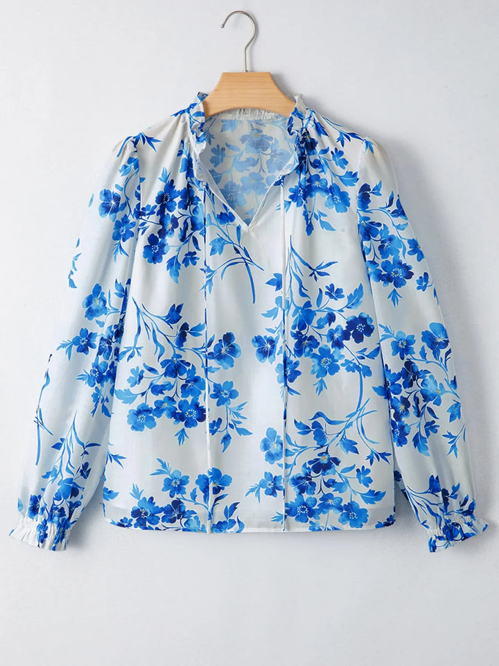 Floral Long Sleeve Tie Neck Blouse