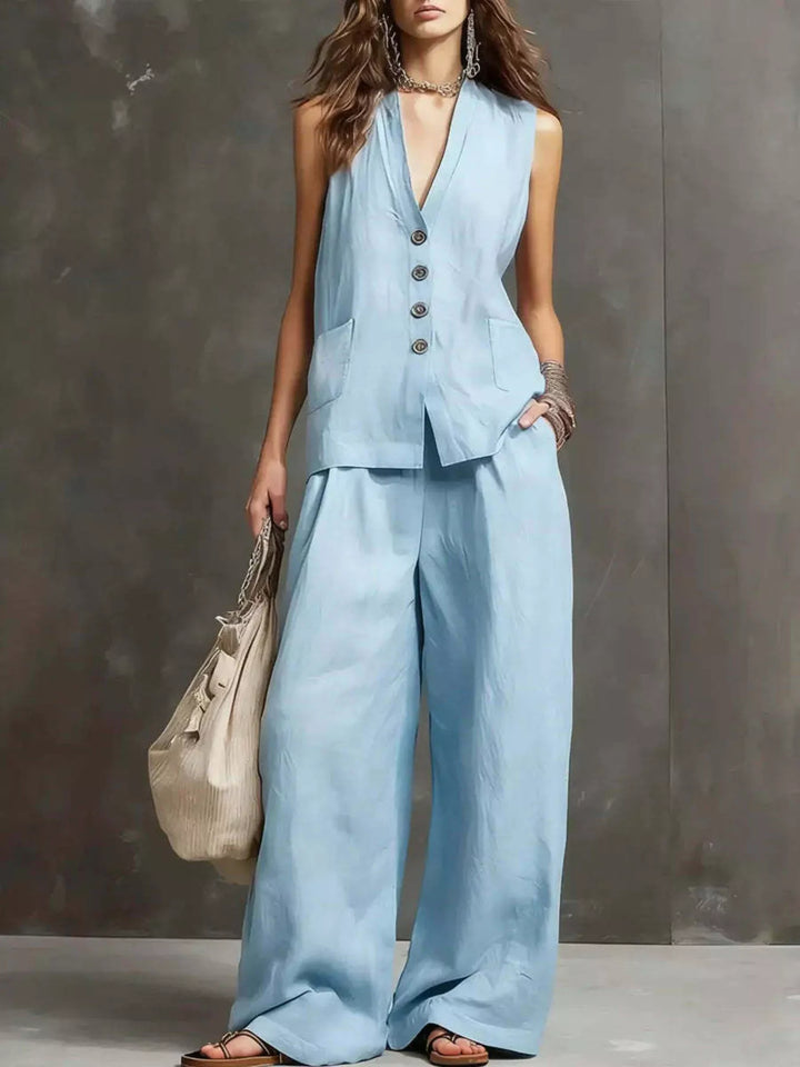 Full Size Sleeveless Vest and Wide-Leg Pants Set Plus SIze