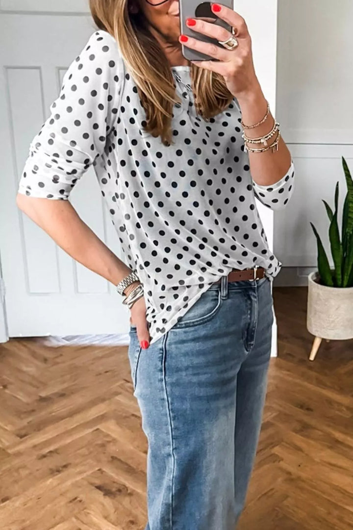 Polka Dot Sheer Mesh Long Sleeve Round Neck Shift Top