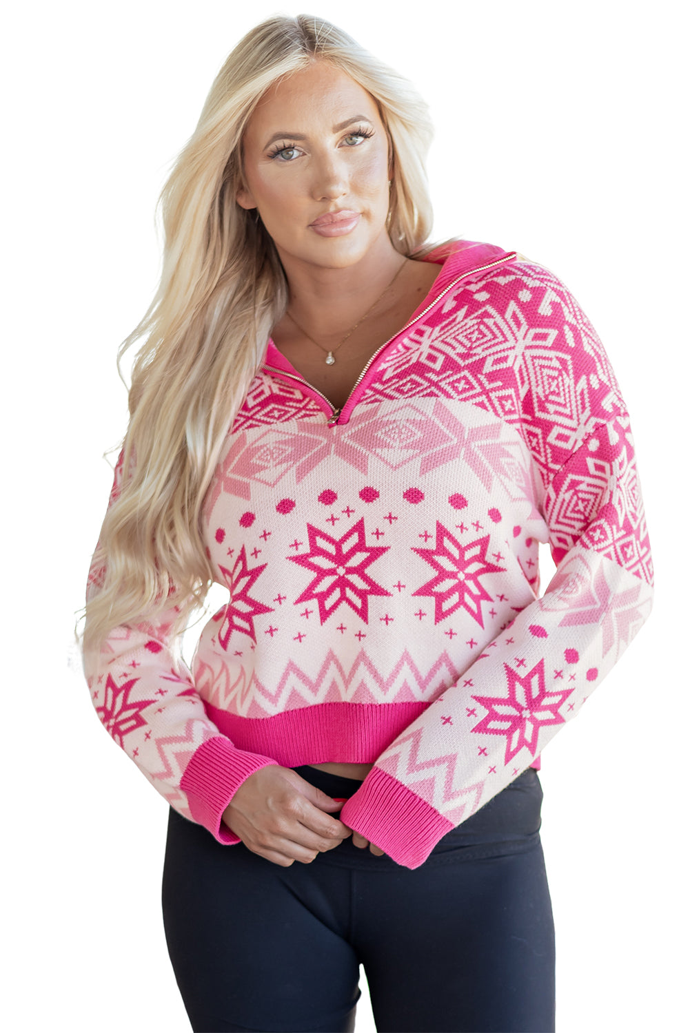 Rose Red Christmas Snowflake Quarter Zip Collard Sweater