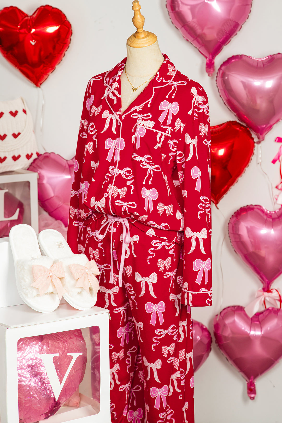 Red Sweet Bow Print Shirt Style Top Long 2pcs Pajama Set