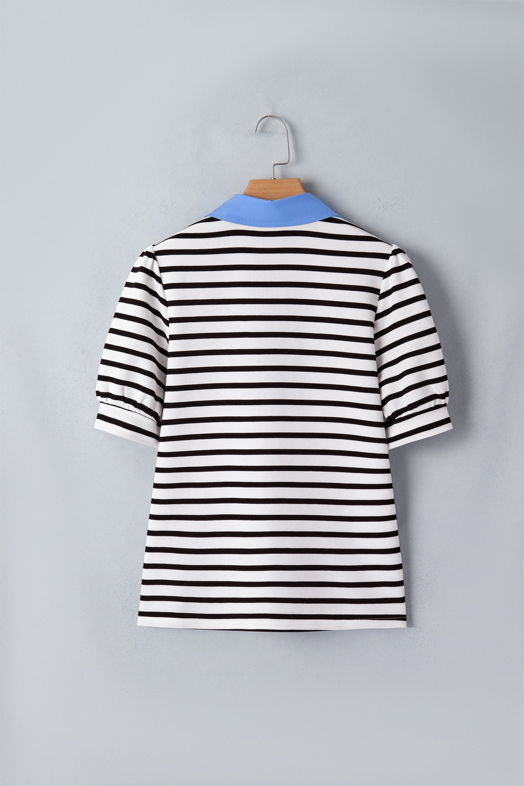 Black Stripe Short Puff Sleeve Color Block Polo Collar Blouse