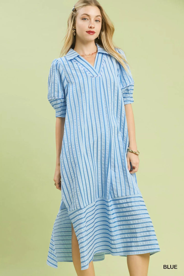 Umgee Striped Puff Sleeve Midi Dress