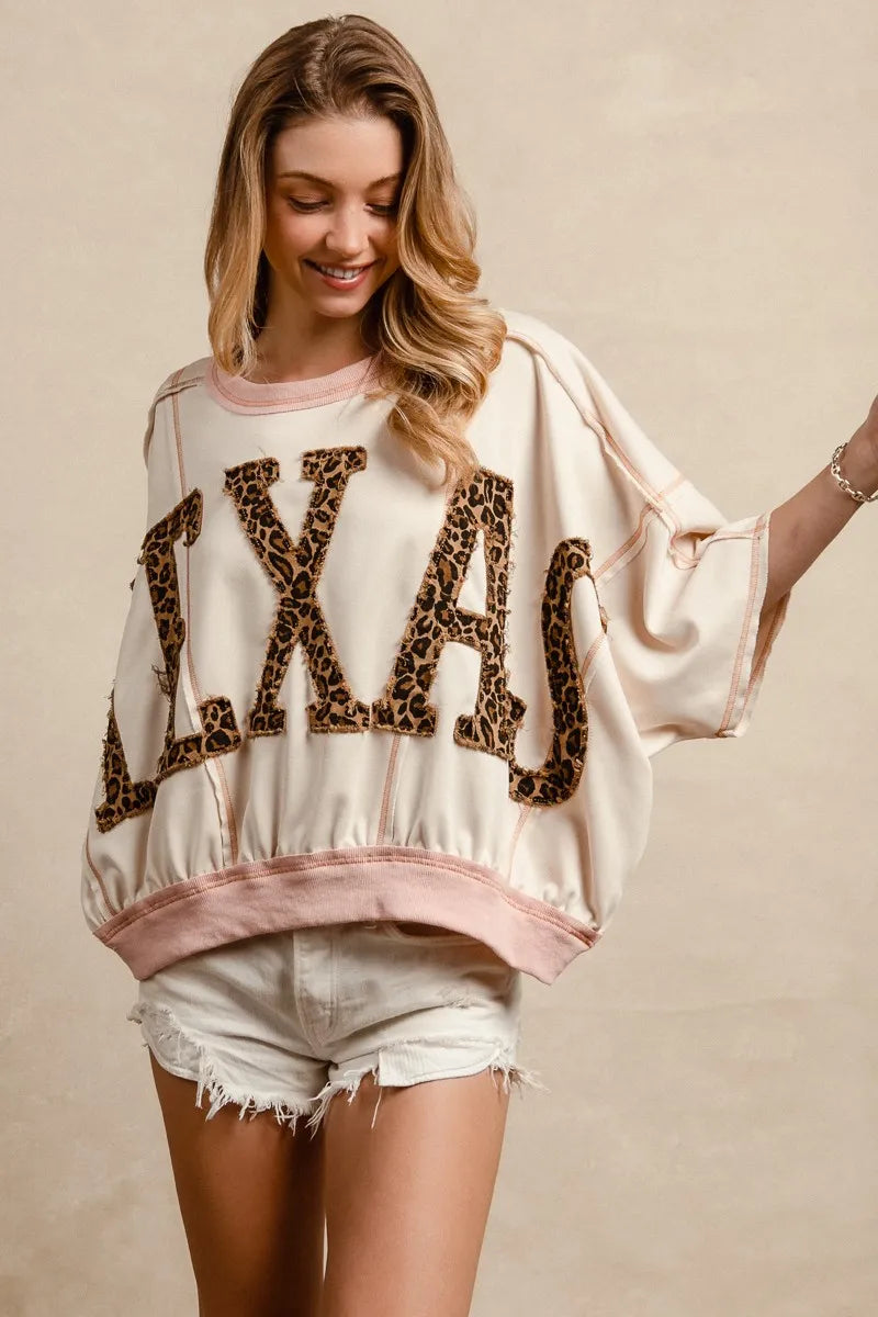 BiBi Leopard Print Texas Patchwork Overlock Stitch Top