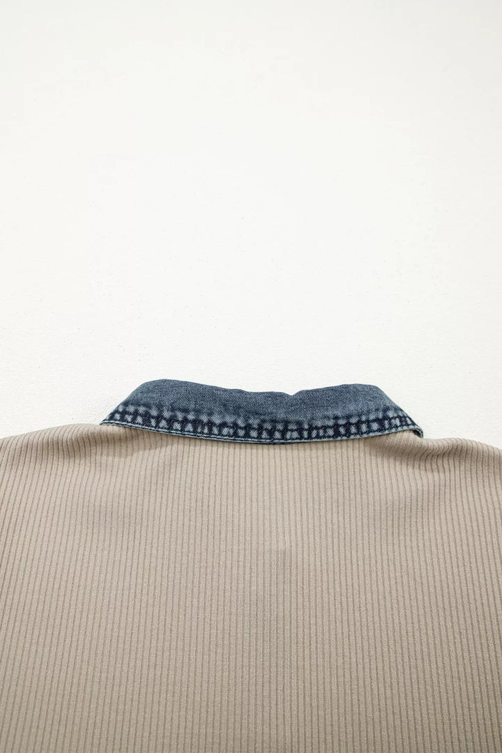 Casual Ribbed Knit Denim Trim Mini Dress
