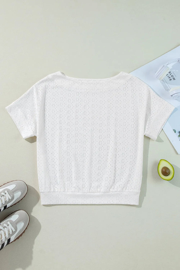 Eyelet Pattern Boat Neck Casual Tee