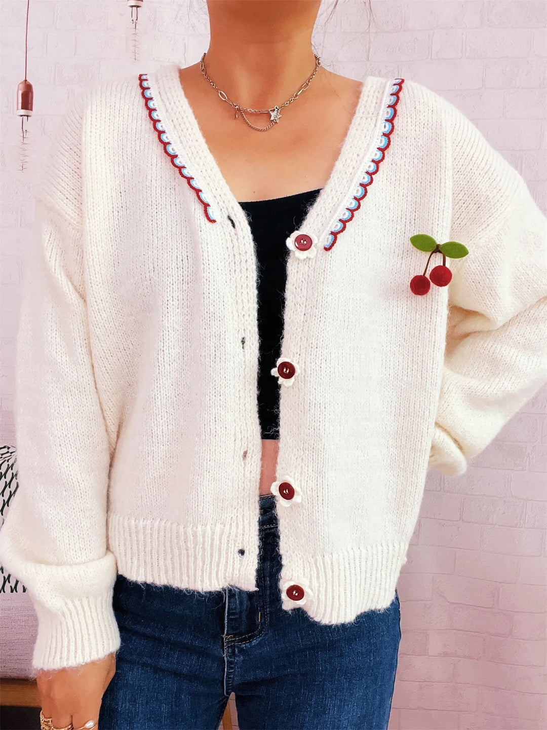 Cherry Button-Front Long Sleeve Cardigan
