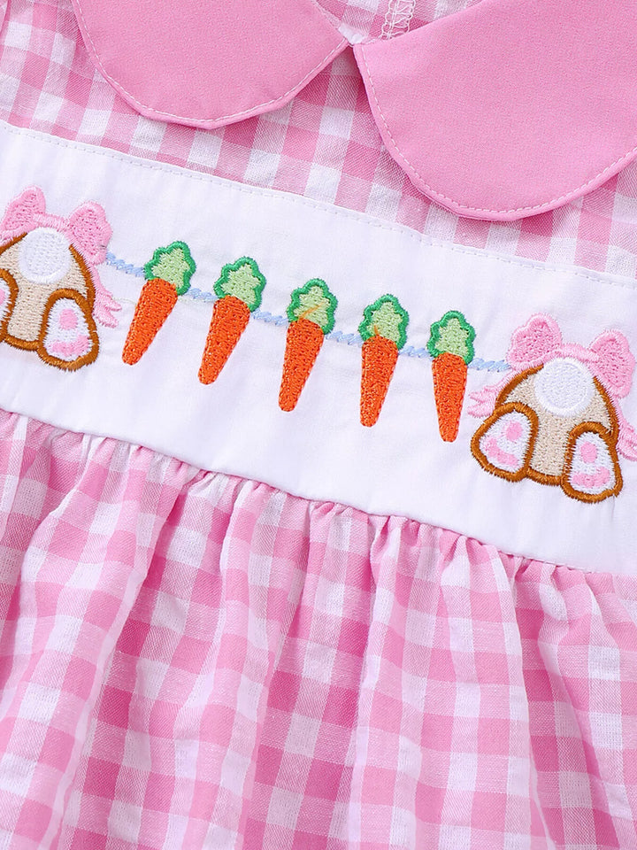 Children's Gingham Bunny & Carrot Embroidered Peter Pan Collar Smocked Dress
