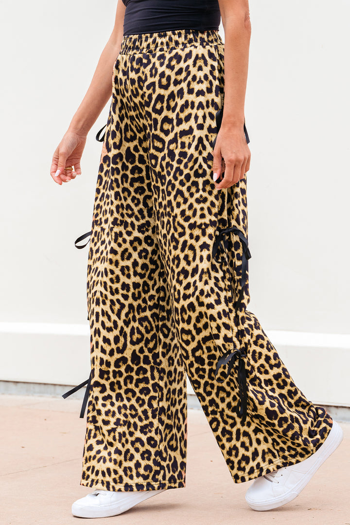 Brown Leopard Print Bow Tie Drawstring Elastic Waist Loose High Waist Pants