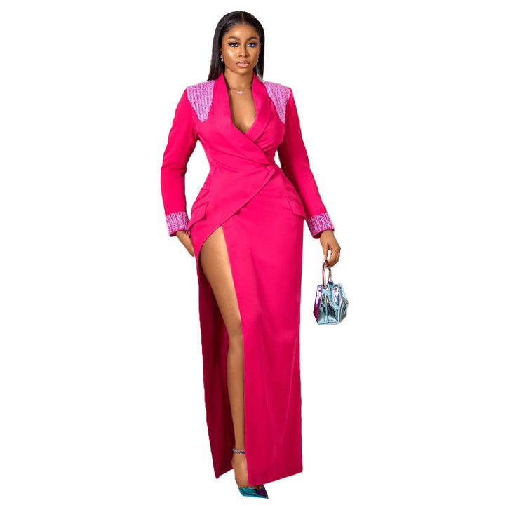 Rose Red Suit Collar Deep V Split High Waist Dress