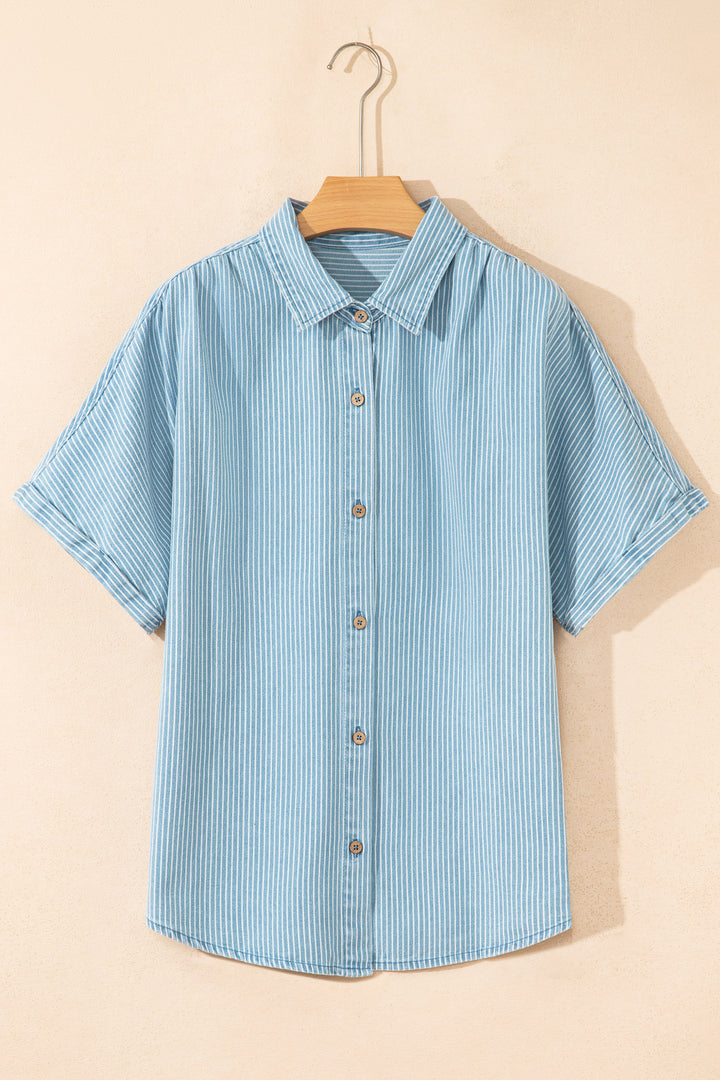 Sky Blue Stripe Cuffed Short Sleeve Button up Loose Shirt
