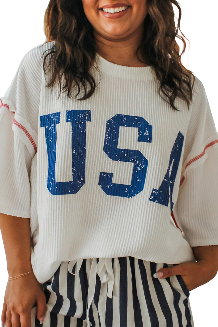 White Plus Size Twisted Rib Vintage USA Letter Printed T Shirt