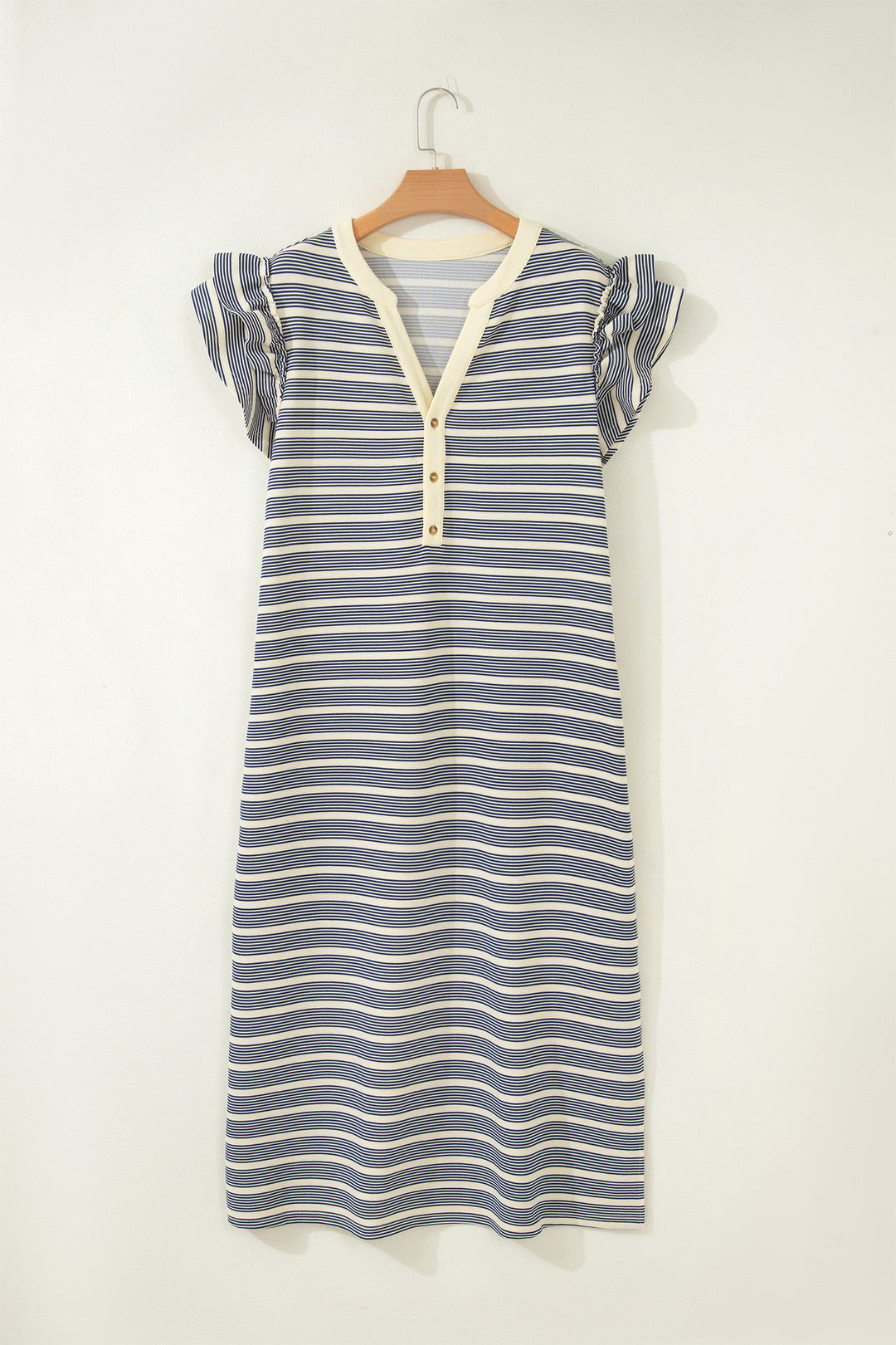 Blue Stripe Plus Size Contrast Trim Button V Neck Ruffle Sleeve Shift Dress