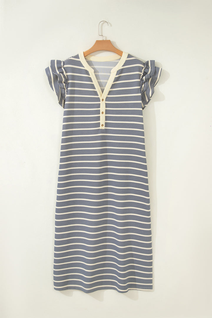 Blue Stripe Plus Size Contrast Trim Button V Neck Ruffle Sleeve Shift Dress