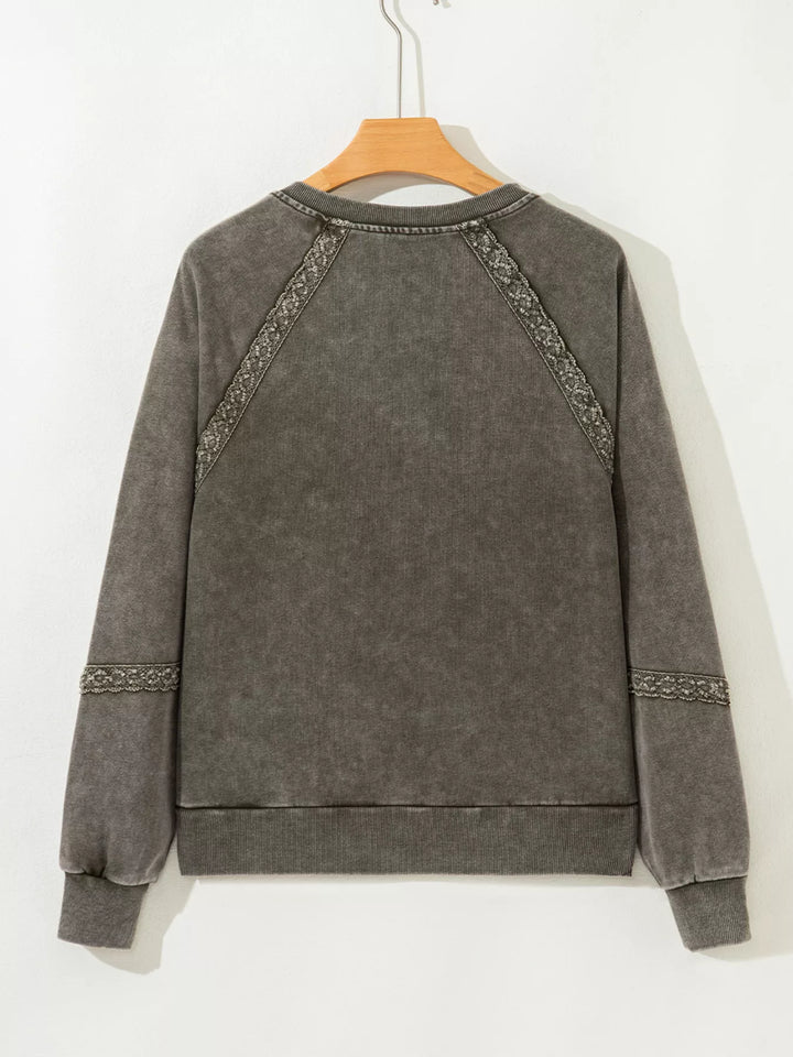 Lace Patchwork Detail Notched Mineral Wash Sweatshirt