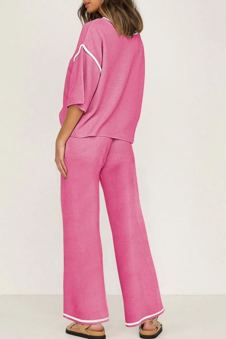 Contrast Trim Round Neck Top and Pants Set