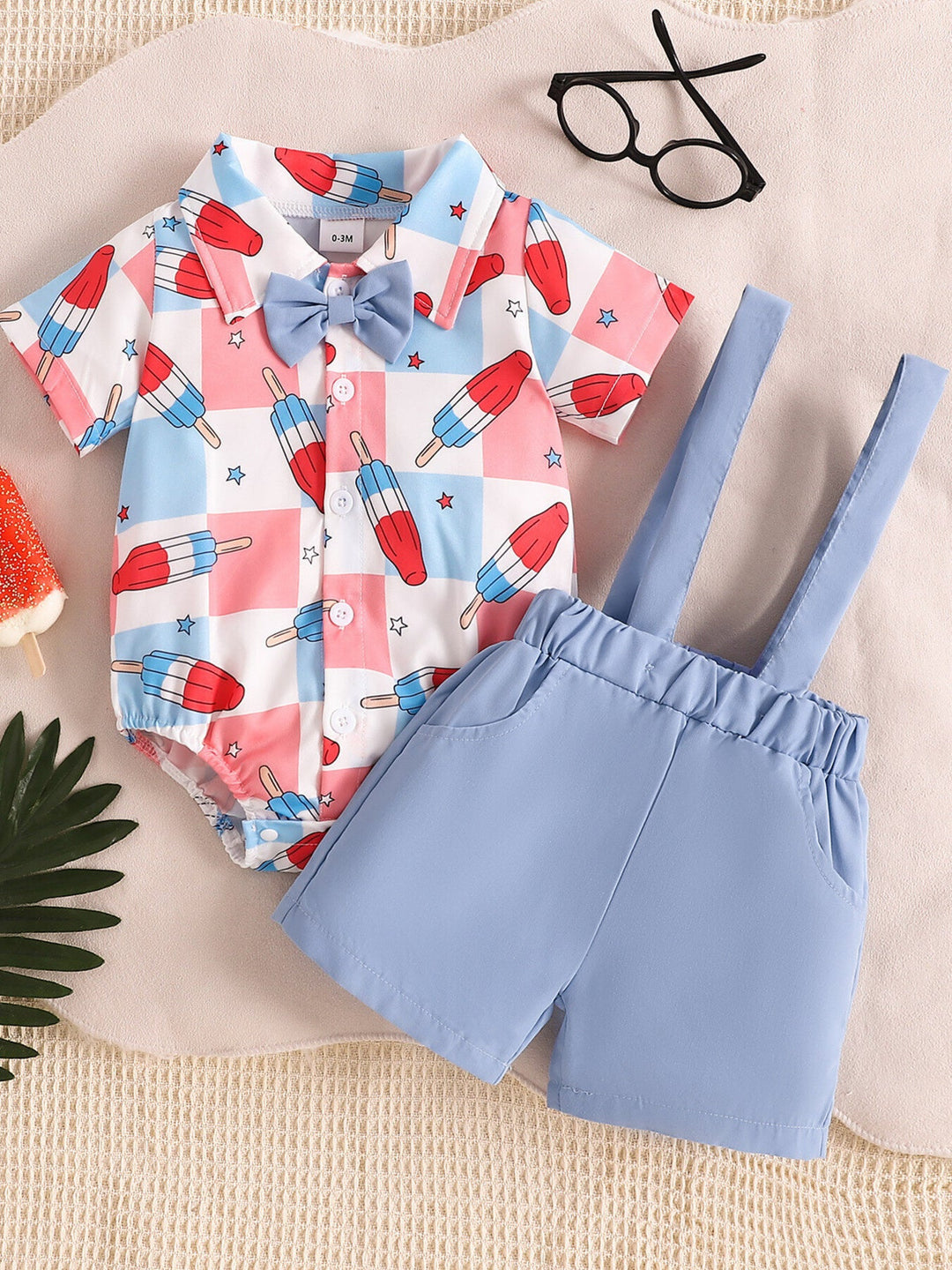Children's USA Print Bow Decor Bodysuit and Suspender Shorts Set