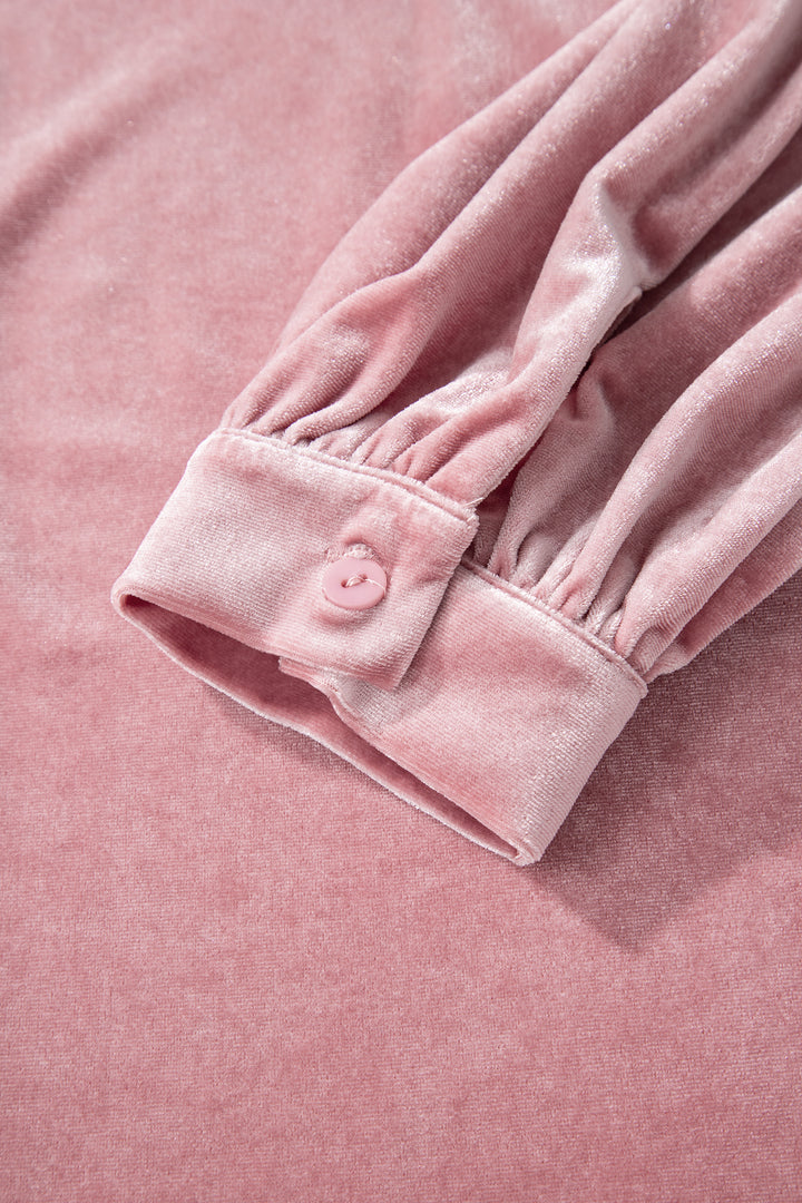 Fushia Solid Color Velvet Ribbon Bow Knot Long Sleeve Blouse
