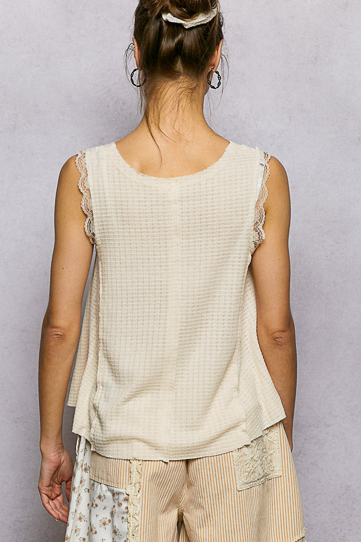 POL Textured Knit Round Neck Tank with Lace Detail