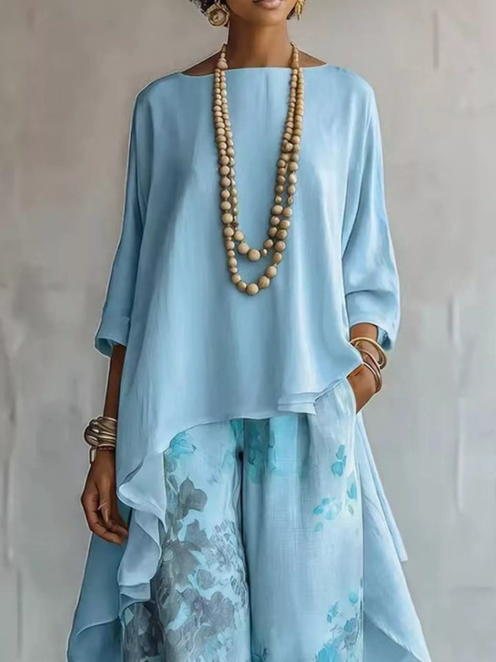 Asymmetrical Hem Top and Floral Pants Set