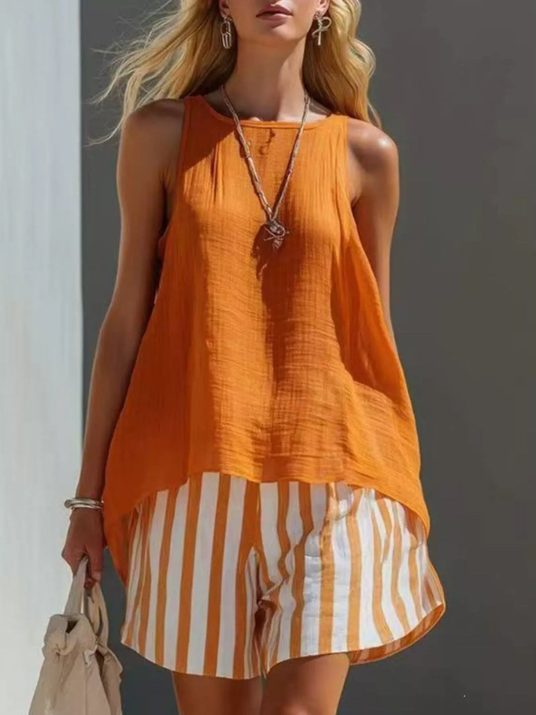 Round Neck Tank and Striped Shorts Set