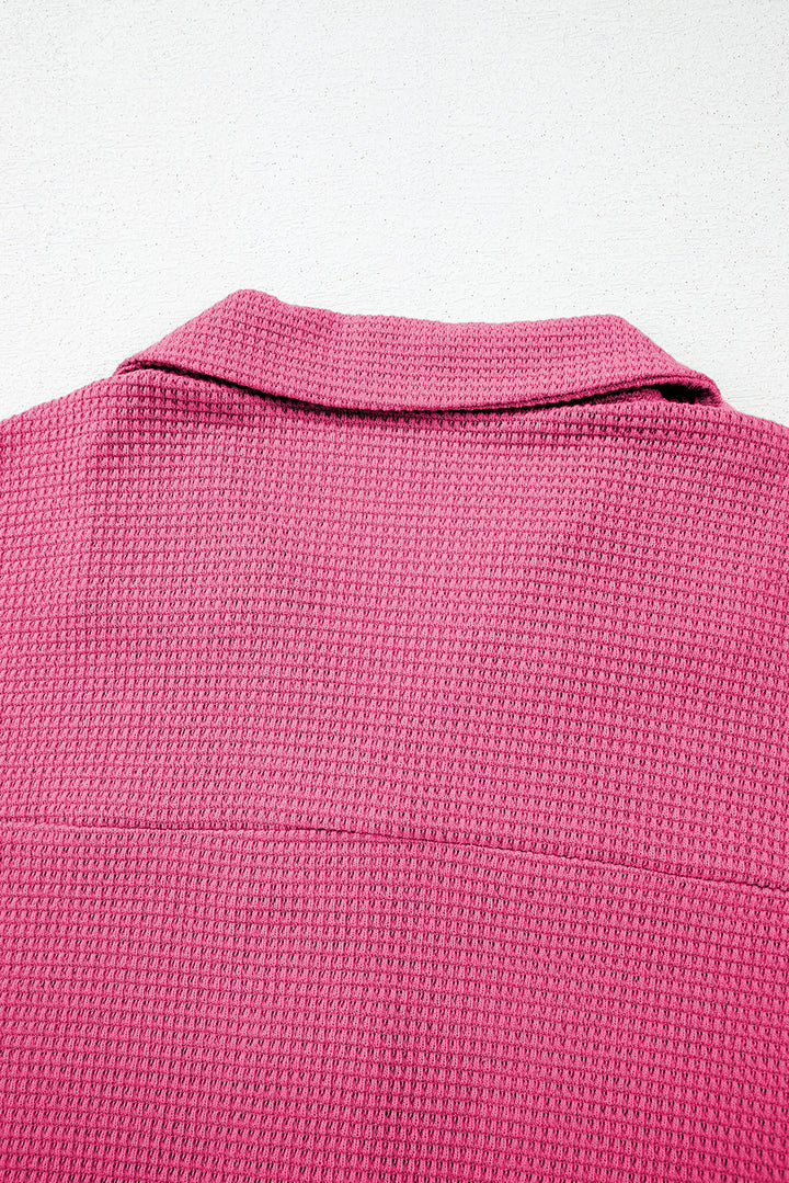 Rose Red Solid Color Textured Buttoned Shirt and Casual Pants Set