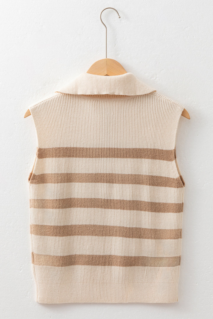 Khaki Stripe Ribbed Half Zip Collared Sweater Vest